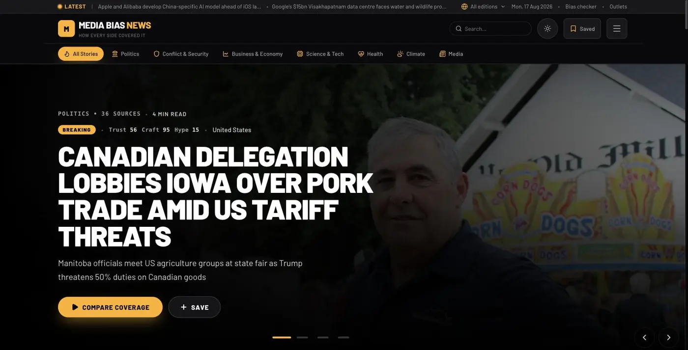 MediaBias.news homepage showing a lead story with Trust, Craft and Hype scores